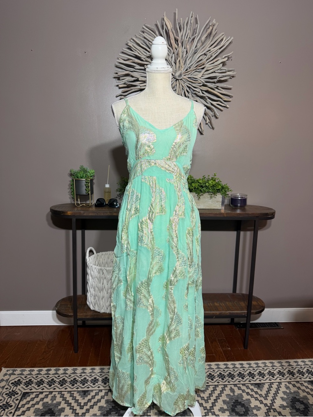 India Boutique Spaghetti Strap Maxi Dress in mint green and‎ gold